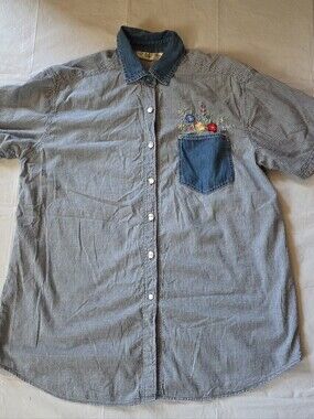 Victoria Jones Women's Gingham Check Pearl Button Floral Embroidered Top 18W
